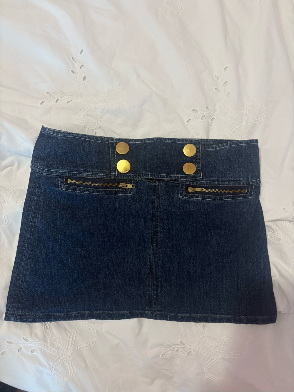 Vintage Dark Blue Denim Mini Skirt with Gold Button Detail | Size Small